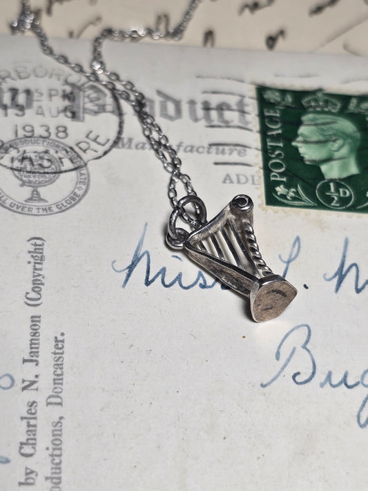 Silver harp vintage charm necklace